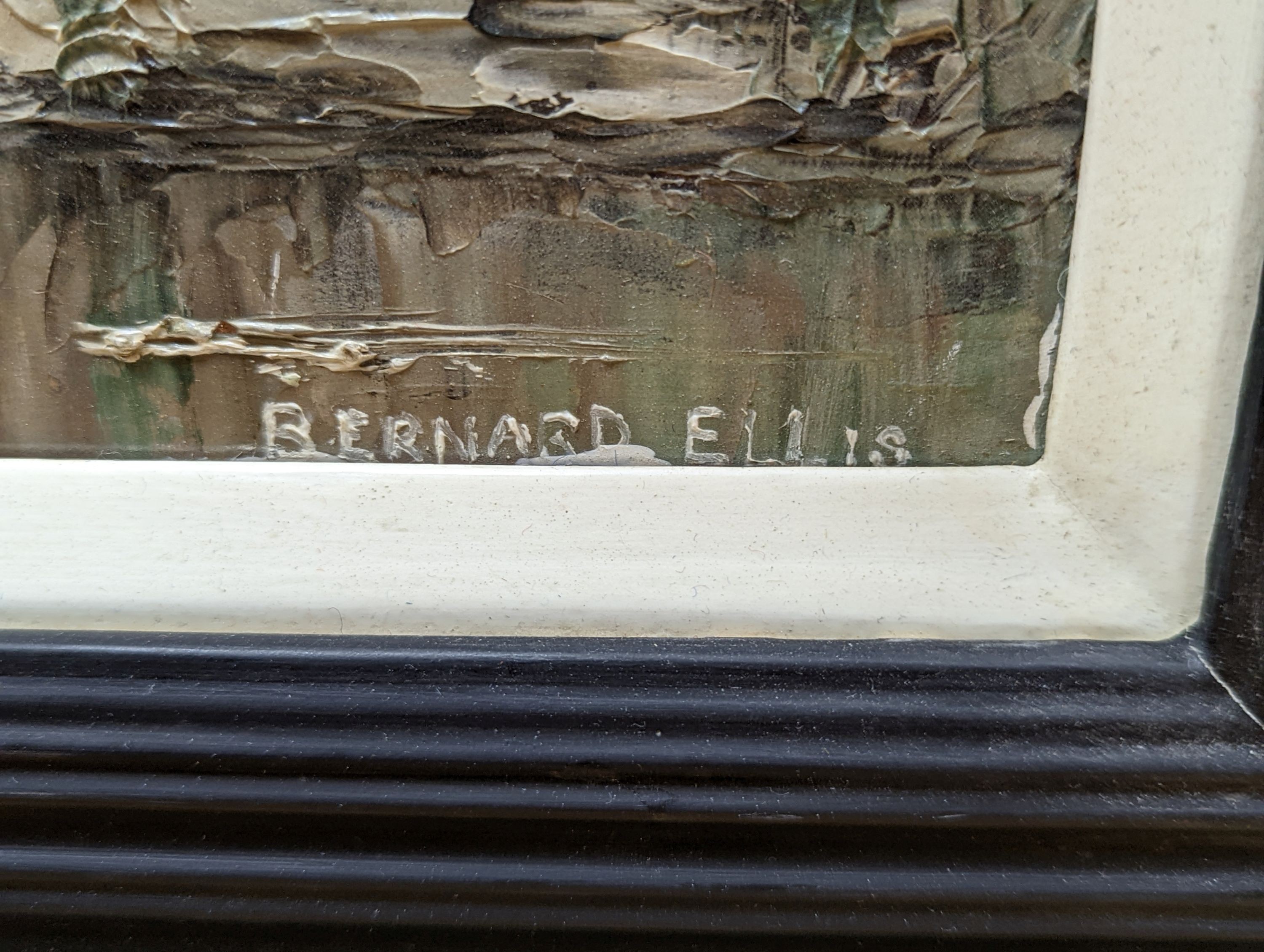 Bernard Ellis, oil on board, Welsh village, signed with labels verso, 44 x 59cm